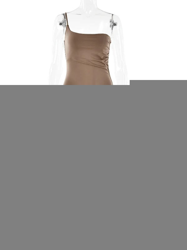 Solid Color One Spaghetti Strap Asymmetric Shoulder Irregular Side Slit Drawstring Bodycon Baby Shower Dress Maternity Maxi Dress