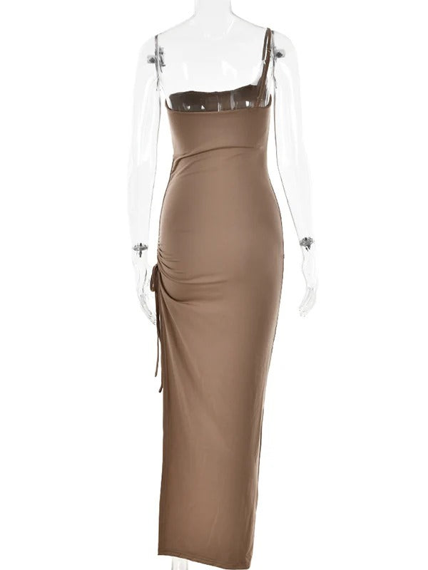 Solid Color One Spaghetti Strap Asymmetric Shoulder Irregular Side Slit Drawstring Bodycon Baby Shower Dress Maternity Maxi Dress
