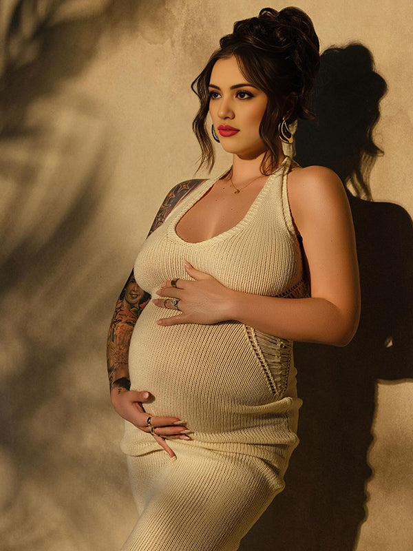 Apricot Crochet Hollow Out Halter Neck Backless Bodycon Chic Baby Moon Beach Maternity Photoshoot Baby Shower Maxi Dress