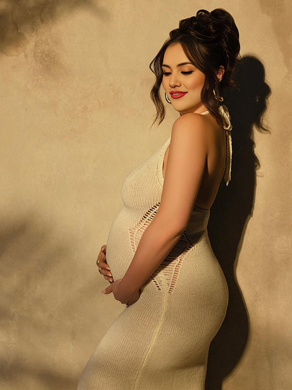 Apricot Crochet Hollow Out Halter Neck Backless Bodycon Chic Baby Moon Beach Maternity Photoshoot Baby Shower Maxi Dress
