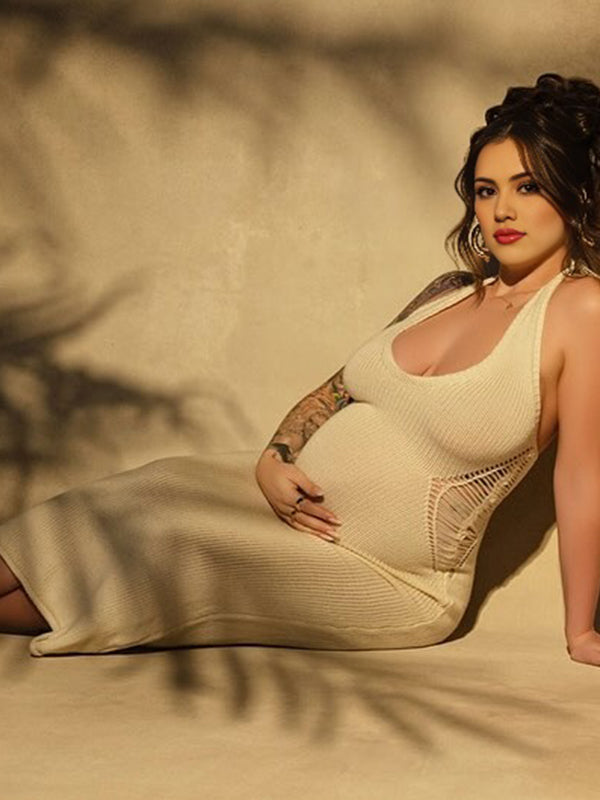 Apricot Crochet Hollow Out Halter Neck Backless Bodycon Chic Baby Moon Beach Maternity Photoshoot Baby Shower Maxi Dress