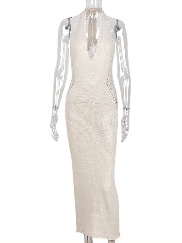 Apricot Crochet Hollow Out Halter Neck Backless Bodycon Chic Baby Moon Beach Maternity Photoshoot Baby Shower Maxi Dress