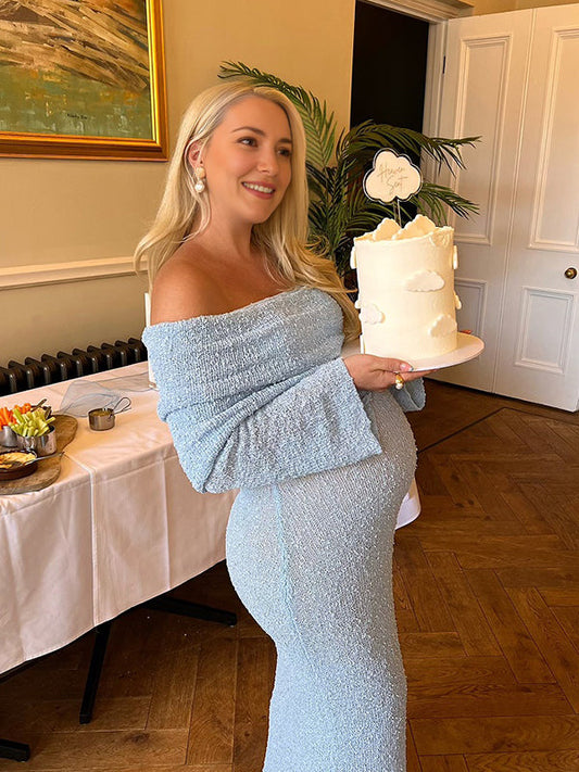Blue Knitted Off Shoulder Bodycon Crochet Flare Sleeve Elegant Baby Moon Beach Vacation Maternity Photoshoot Baby Shower Maxi Dress