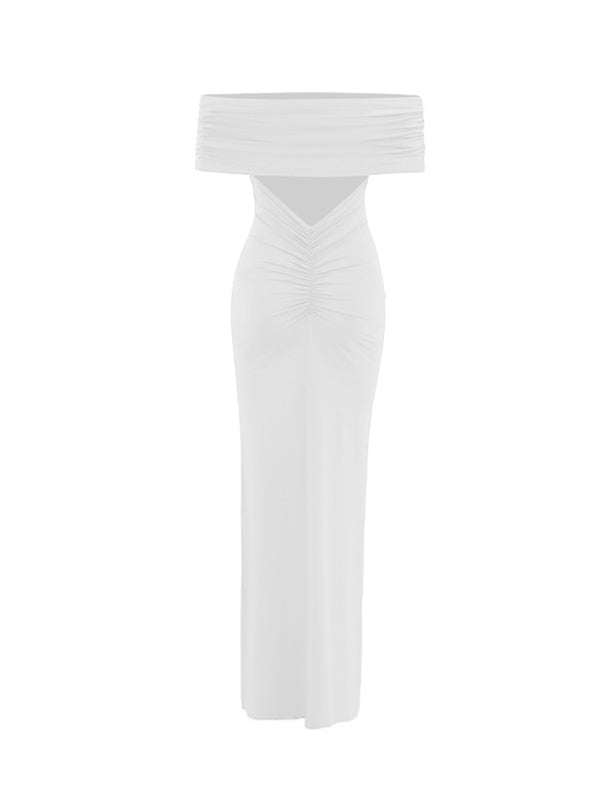 White Ruched Off Shoulder Backless Bodycon Elegant Cocktail Party Gown Maternity Photoshoot Baby Shower Maxi Dress