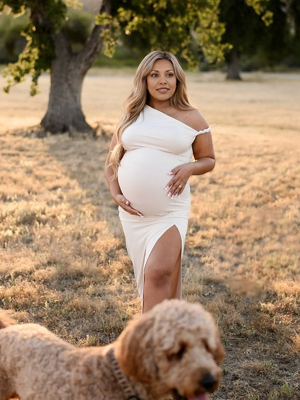 Apricot Irregular Side Slit Asymmetric Shoulder Bodycon Elegant Babyshower Dress Photoshoot Maternity Maxi Dress
