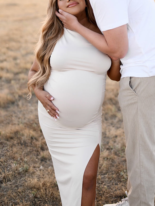 Apricot Irregular Side Slit Asymmetric Shoulder Bodycon Elegant Babyshower Dress Photoshoot Maternity Maxi Dress
