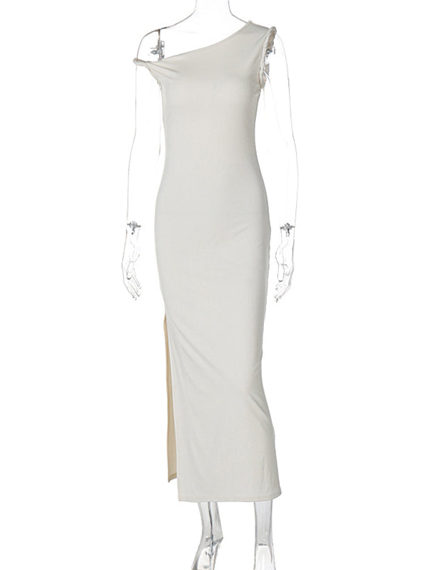 Apricot Irregular Side Slit Asymmetric Shoulder Bodycon Elegant Babyshower Dress Photoshoot Maternity Maxi Dress