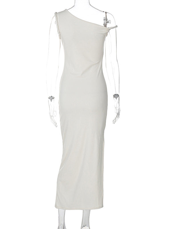 Apricot Irregular Side Slit Asymmetric Shoulder Bodycon Elegant Babyshower Dress Photoshoot Maternity Maxi Dress