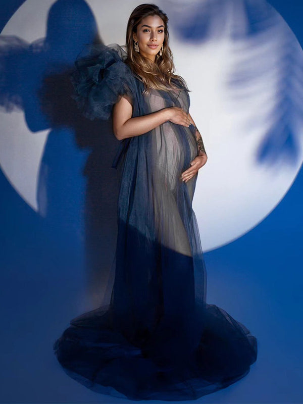 Solid Color Tulle Tutu One Shoulder Robe Mesh Ruffle Sheer Sashes Grenadine Photoshoot Maxi Dress