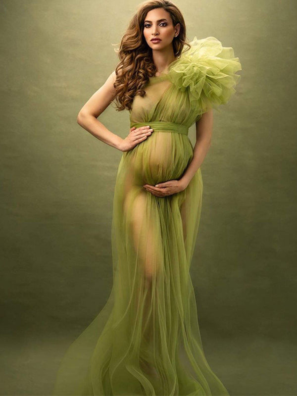 Solid Color Tulle Tutu One Shoulder Robe Mesh Ruffle Sheer Sashes Grenadine Photoshoot Maxi Dress