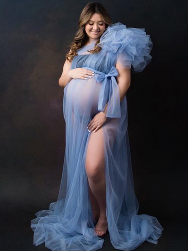 Solid Color Tulle Tutu One Shoulder Robe Mesh Ruffle Sheer Sashes Grenadine Photoshoot Maxi Dress