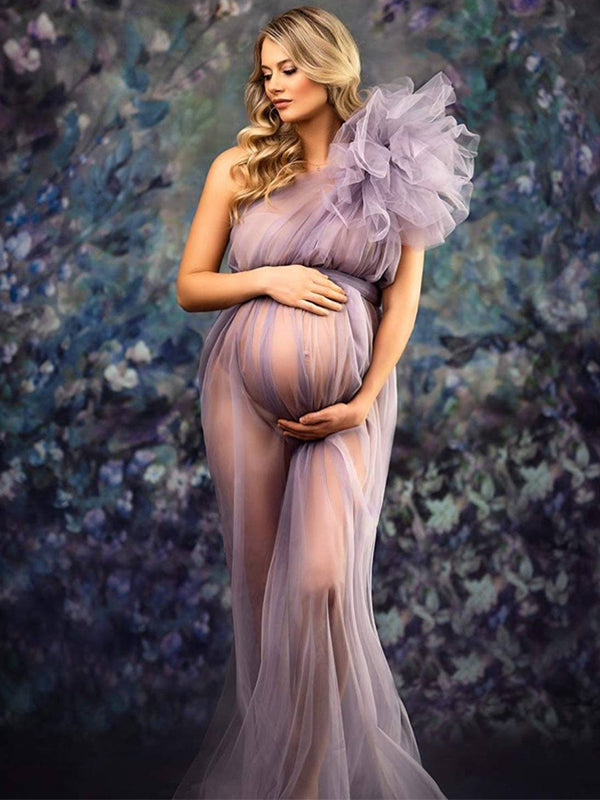 Solid Color Tulle Tutu One Shoulder Robe Mesh Ruffle Sheer Sashes Grenadine Photoshoot Maxi Dress
