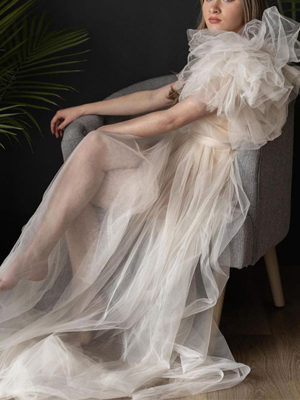 Solid Color Tulle Tutu One Shoulder Robe Mesh Ruffle Sheer Sashes Grenadine Photoshoot Maxi Dress