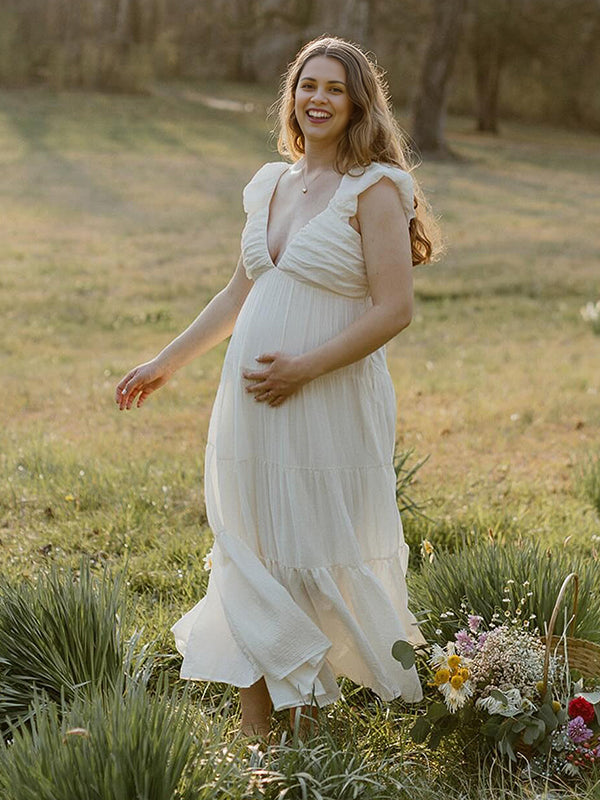 Solid Color Ruffle Backless High Waist V-Neck Vacation Gown Photoshoot Maternity Maxi Dress