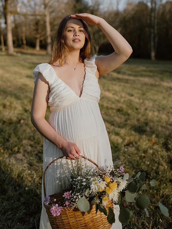 Solid Color Ruffle Backless High Waist V-Neck Vacation Gown Photoshoot Maternity Maxi Dress