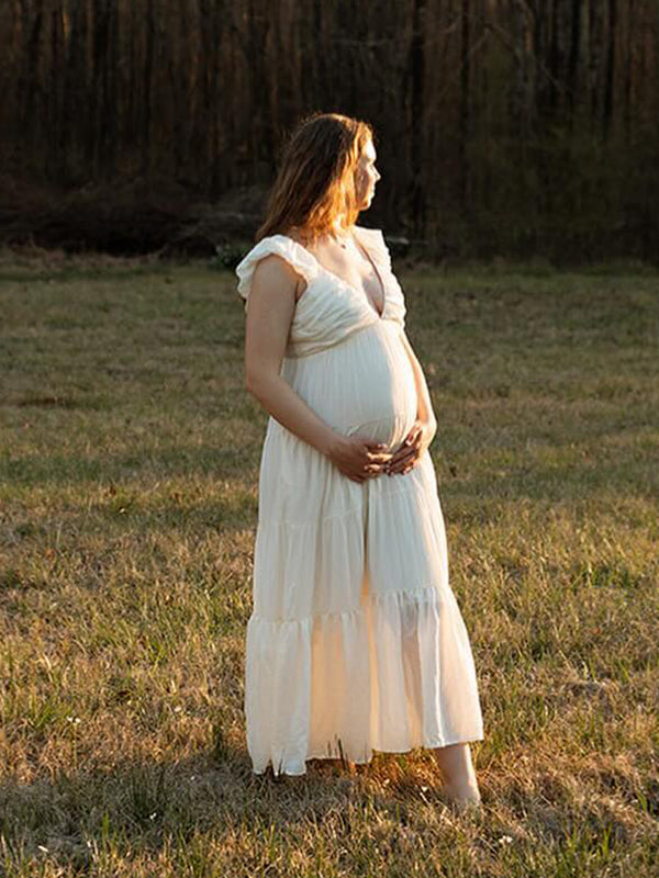 Solid Color Ruffle Backless High Waist V-Neck Vacation Gown Photoshoot Maternity Maxi Dress