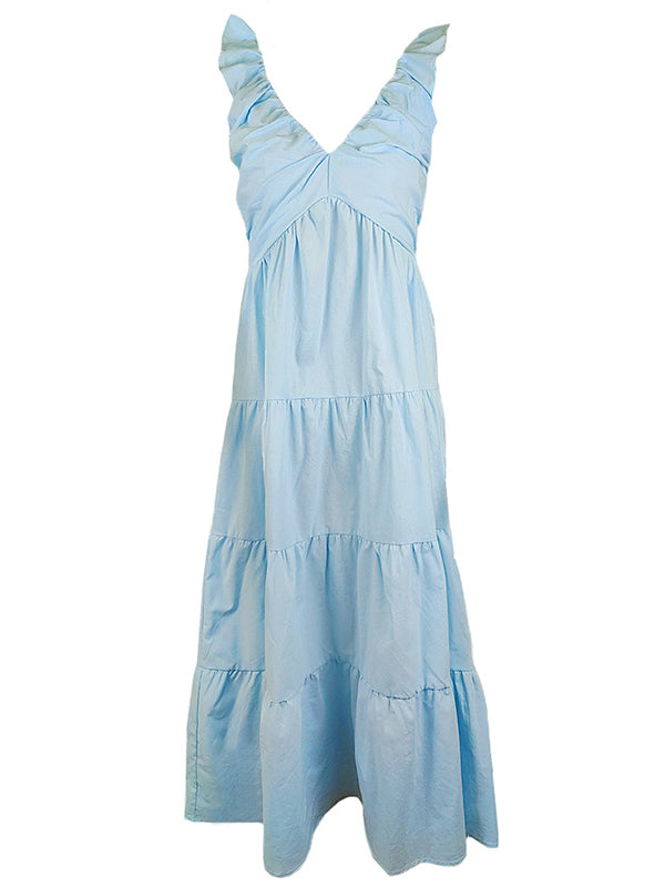 Solid Color Ruffle Backless High Waist V-Neck Vacation Gown Photoshoot Maternity Maxi Dress