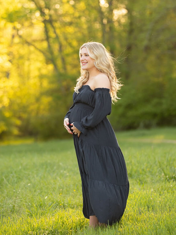 Flowy Off Shoulder Ruffle Falbala Side Slit Big Swing Lantern Sleeve Elegant Holiday Vacation Boho Maternity Photoshoot Baby Shower Maxi Dress