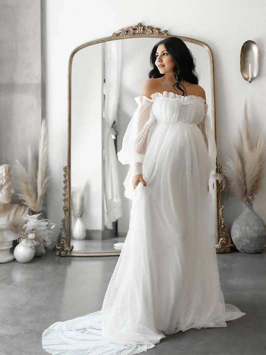 Off Shoulder Tulle Polka Dot Elegant Photoshoot Baby Shower Maternity Maxi Dress
