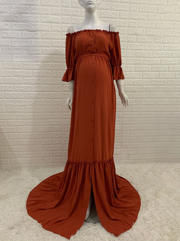 Off Shoulder Buttons Front Slit Open Train Elegant Photoshoot  Maternity Maxi Dress
