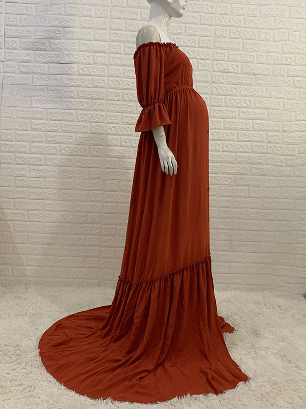 Off Shoulder Buttons Front Slit Open Train Elegant Photoshoot  Maternity Maxi Dress