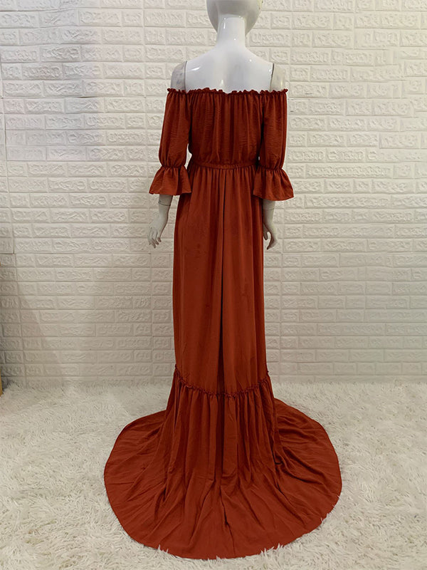 Off Shoulder Buttons Front Slit Open Train Elegant Photoshoot  Maternity Maxi Dress