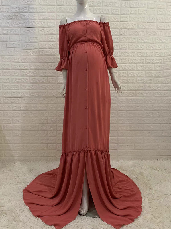 Off Shoulder Buttons Front Slit Open Train Elegant Photoshoot  Maternity Maxi Dress