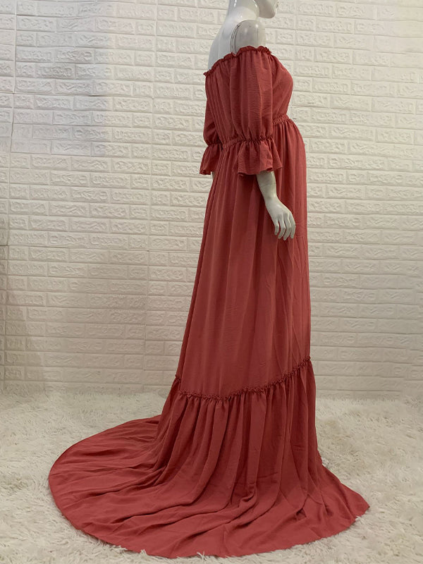 Off Shoulder Buttons Front Slit Open Train Elegant Photoshoot  Maternity Maxi Dress