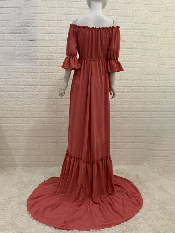 Off Shoulder Buttons Front Slit Open Train Elegant Photoshoot  Maternity Maxi Dress