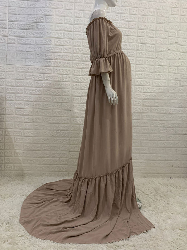 Off Shoulder Buttons Front Slit Open Train Elegant Photoshoot  Maternity Maxi Dress