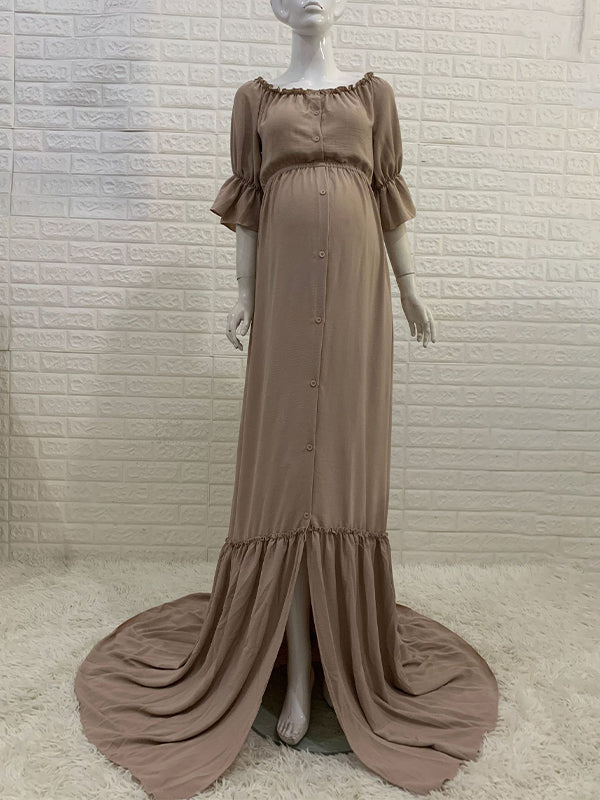Off Shoulder Buttons Front Slit Open Train Elegant Photoshoot  Maternity Maxi Dress