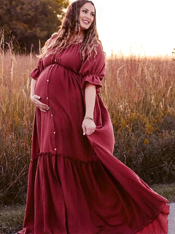 Off Shoulder Buttons Front Slit Open Train Elegant Photoshoot  Maternity Maxi Dress