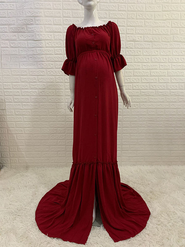 Off Shoulder Buttons Front Slit Open Train Elegant Photoshoot  Maternity Maxi Dress