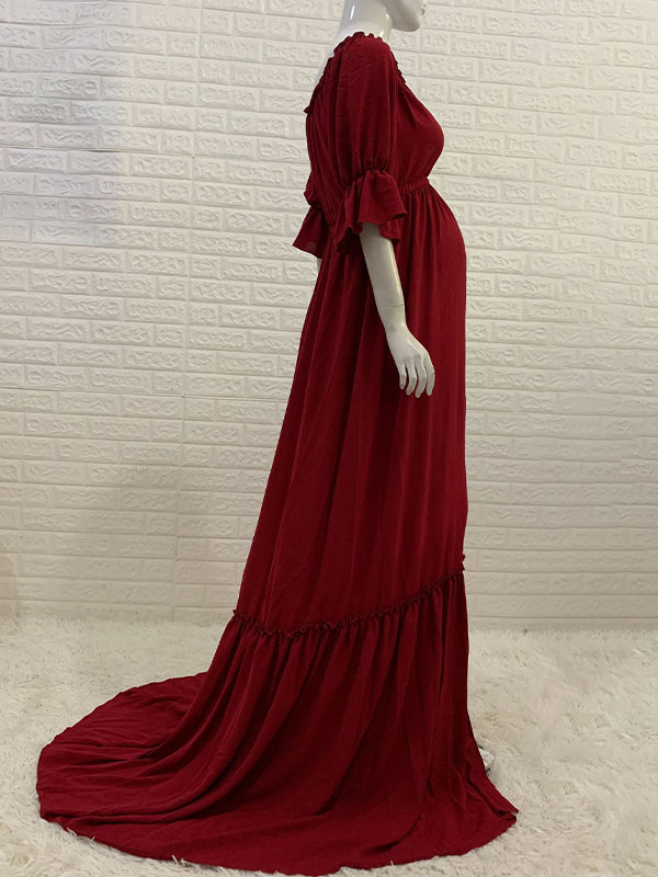 Off Shoulder Buttons Front Slit Open Train Elegant Photoshoot  Maternity Maxi Dress