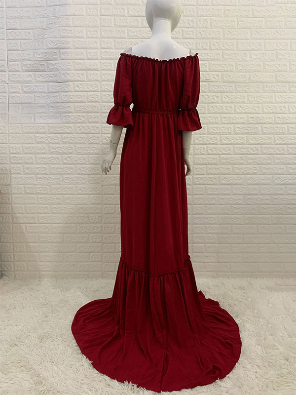 Off Shoulder Buttons Front Slit Open Train Elegant Photoshoot  Maternity Maxi Dress