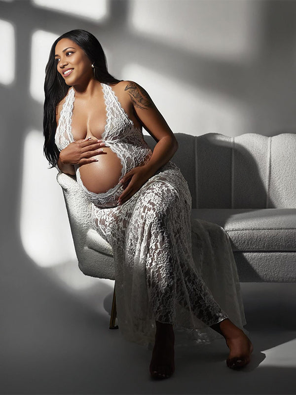 White Lace Cut Out Backless Mermaid Sheer Elegant Photoshoot Maternity Maxi Dress