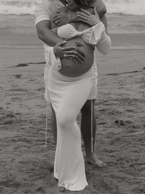 Beige Off Shoulder Spaghetti Strap Backless Cross Front 2-in-1 Crop Bodycon Mermaid Photoshoot Maternity Maxi Dress