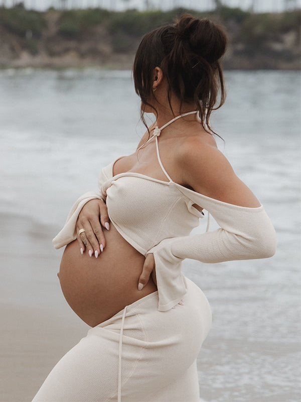Beige Off Shoulder Spaghetti Strap Backless Cross Front 2-in-1 Crop Bodycon Mermaid Photoshoot Maternity Maxi Dress