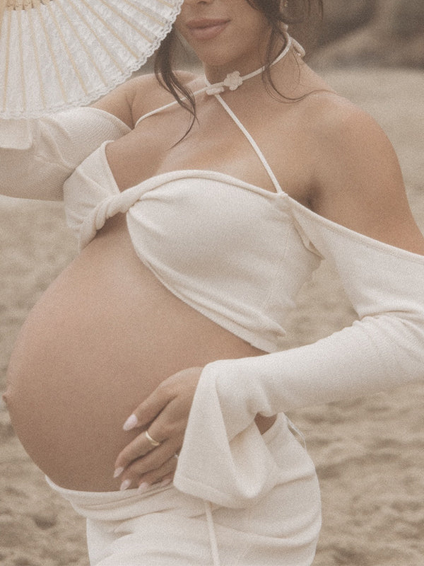 Beige Off Shoulder Spaghetti Strap Backless Cross Front 2-in-1 Crop Bodycon Mermaid Photoshoot Maternity Maxi Dress