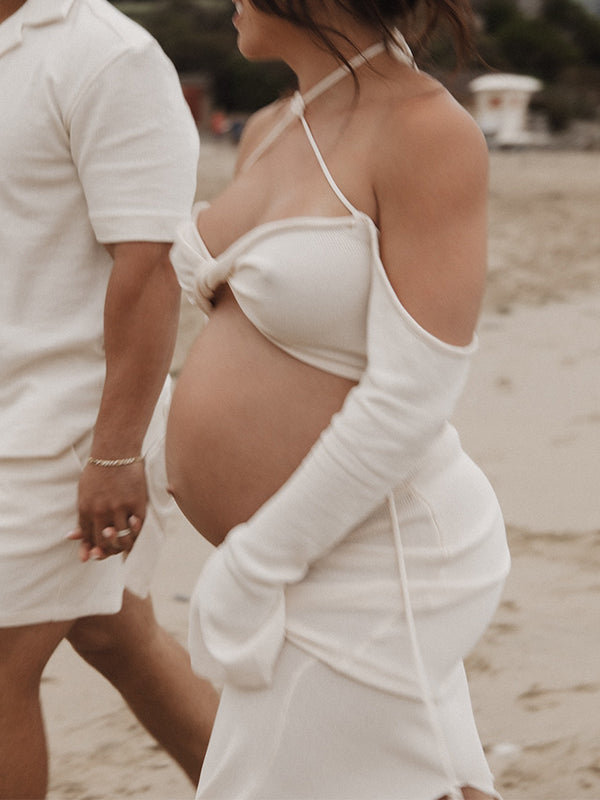 Beige Off Shoulder Spaghetti Strap Backless Cross Front 2-in-1 Crop Bodycon Mermaid Photoshoot Maternity Maxi Dress