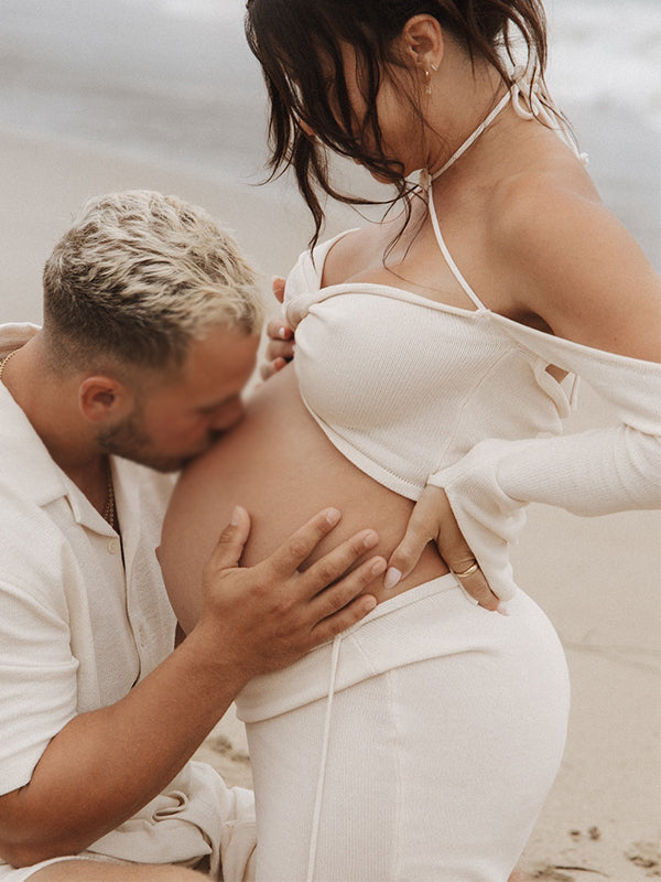 Beige Off Shoulder Spaghetti Strap Backless Cross Front 2-in-1 Crop Bodycon Mermaid Photoshoot Maternity Maxi Dress