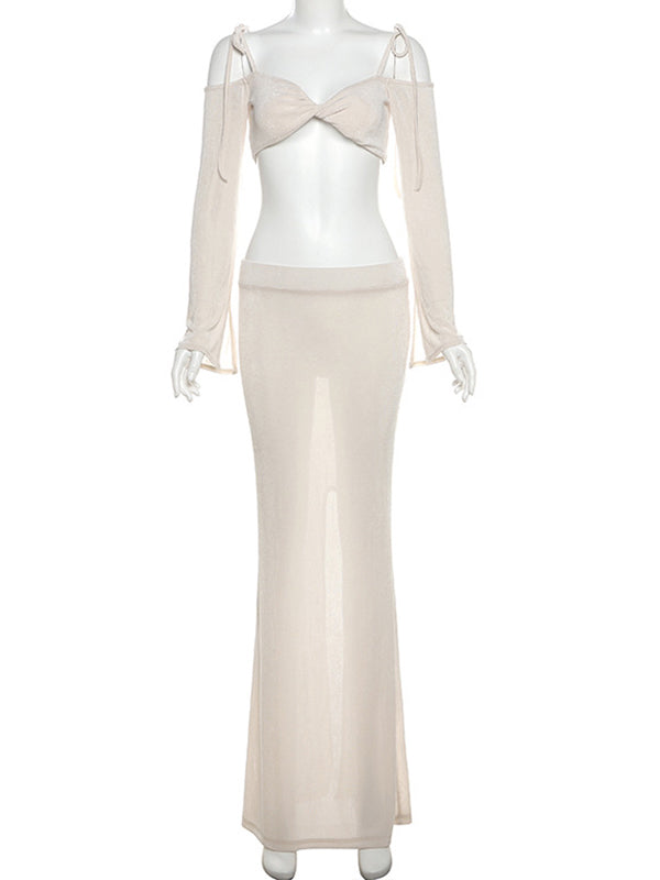 Beige Off Shoulder Spaghetti Strap Backless Cross Front 2-in-1 Crop Bodycon Mermaid Photoshoot Maternity Maxi Dress