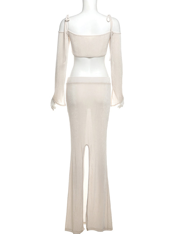 Beige Off Shoulder Spaghetti Strap Backless Cross Front 2-in-1 Crop Bodycon Mermaid Photoshoot Maternity Maxi Dress