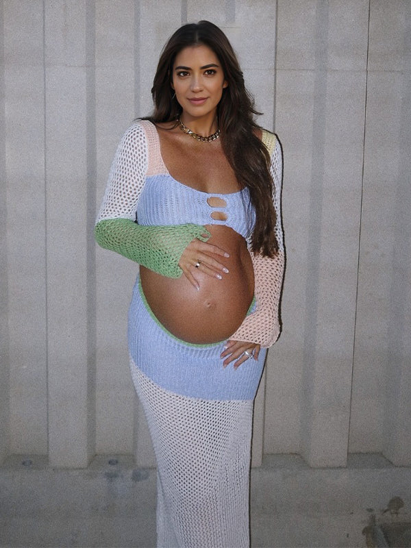 Color Block 2 Piece Set Crochet Backless Back Tie Photoshoot Baby Shower Beach Vacation Maternity Maxi Dress
