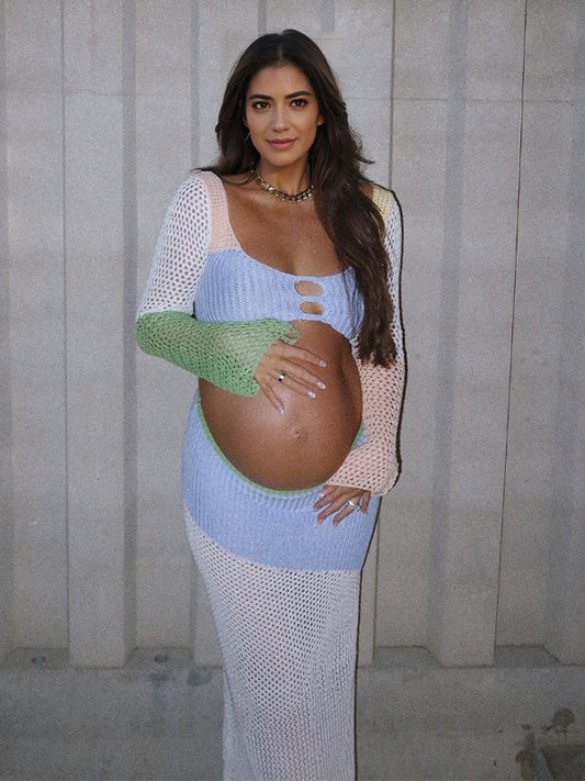 Color Block 2 Piece Set Crochet Backless Back Tie Photoshoot Baby Shower Beach Vacation Maternity Maxi Dress