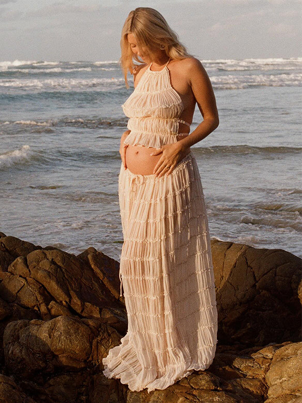 Beige 2 Piece Smocked Ruffle Backless Flowy Elegant Vacation Beach Photoshoot Maternity Maxi Dress
