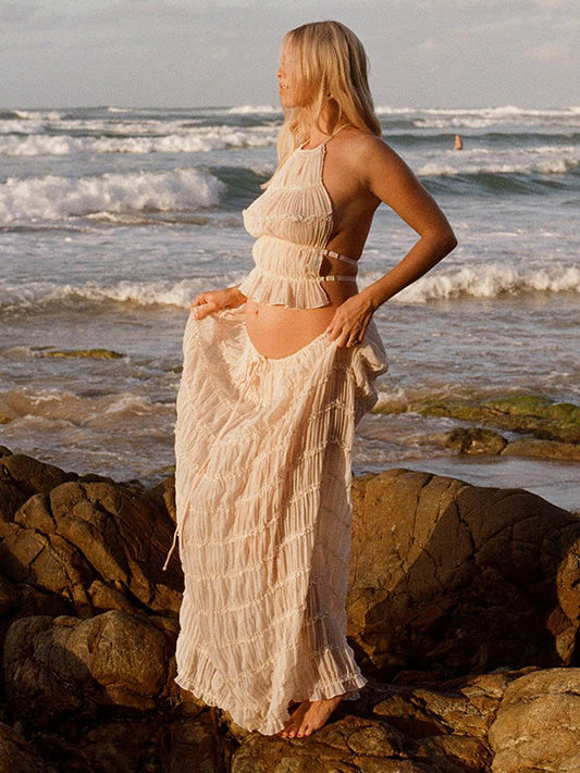 Beige 2 Piece Smocked Ruffle Backless Flowy Elegant Vacation Beach Photoshoot Maternity Maxi Dress