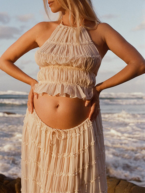Beige 2 Piece Smocked Ruffle Backless Flowy Elegant Vacation Beach Photoshoot Maternity Maxi Dress