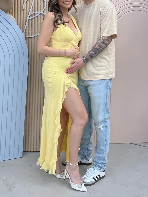 Yellow Ruffle Side Slit Flowy V-neck Bodycon Cute Baby Shower Maternity Maxi Dress
