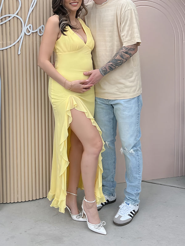 Yellow Ruffle Side Slit Flowy V-neck Bodycon Cute Baby Shower Maternity Maxi Dress